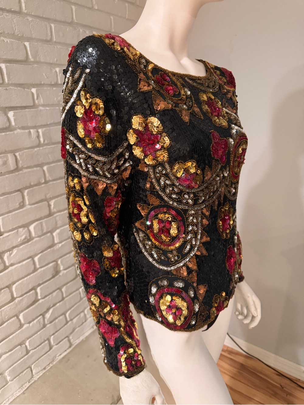 SCALA Silk Beaded Sequin Art Deco Top Black Gold Burgundy Est. SMALL/MEDIUM - Picture 7 of 15